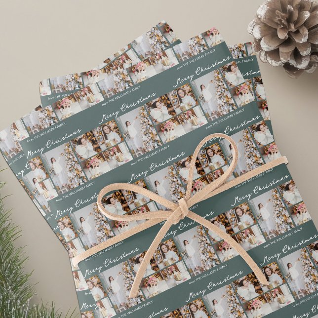 Hoja De Papel De Regalo Chic Christmas Family Photo Collage Grey Green (Subido por el creador)