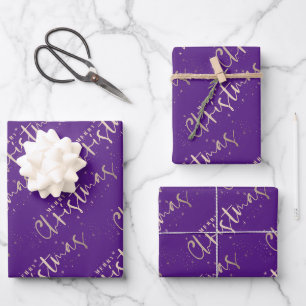 Hoja De Papel De Regalo Chic Dorado Feliz Navidad sobre Morado