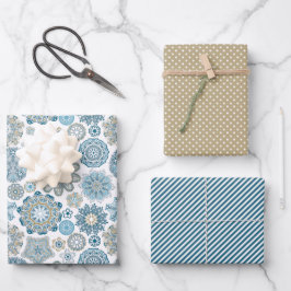 Hoja De Papel De Regalo Chic Floral Mandala Copos de Nieve Patrón Festivo