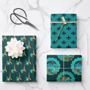 Hoja De Papel De Regalo Chic París Azul verdoso, negro y dorado
