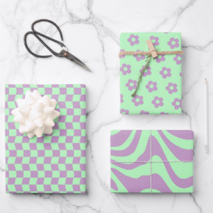 Hoja De Papel De Regalo Chica adolescente Groovy Morple Green Wavy Checker