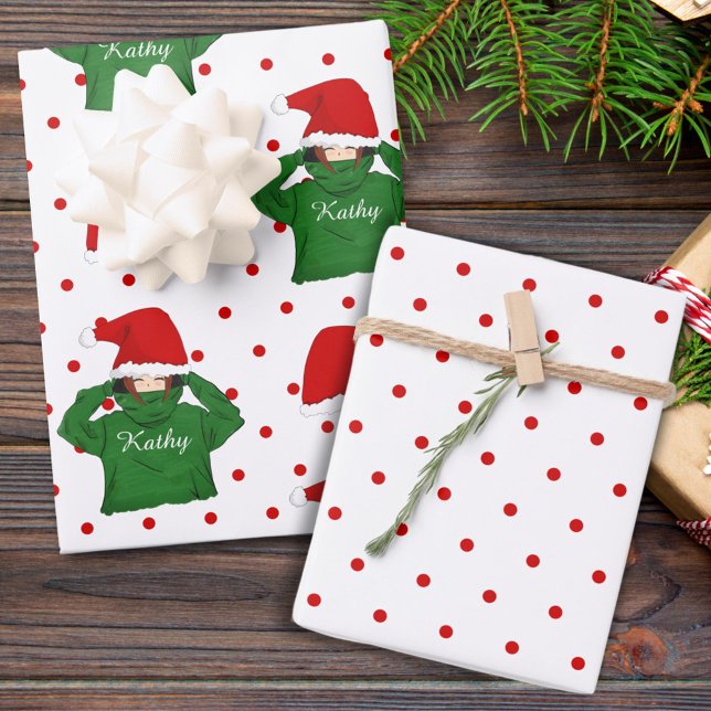 Hoja De Papel De Regalo Chica amable con Navidades de Green Hoody Santa Ha (Subido por el creador)