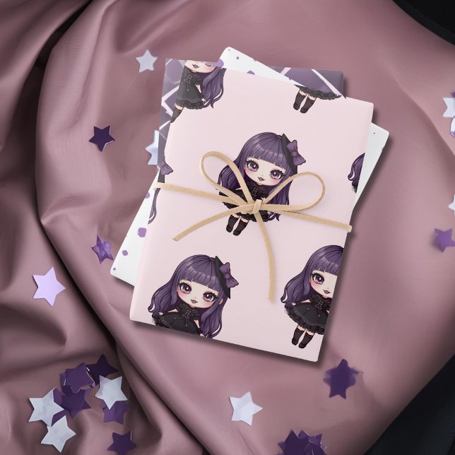 Hoja De Papel De Regalo Chica Cute Purple dot (Cute Purple dot girl Wrapping Paper Sheets)