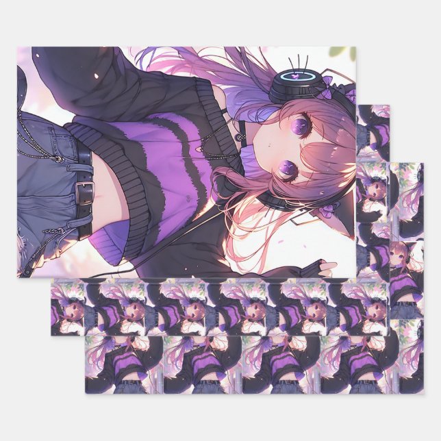 Hoja De Papel De Regalo Chica de anime en audífonos Cumpleaños de bonito (Set)