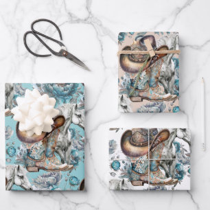 Hoja De Papel De Regalo Chica de caballo vaquero patrón turquesa floral