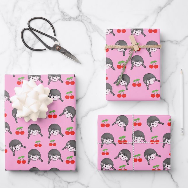 Hoja De Papel De Regalo Chica de cereza rosa (Anverso)