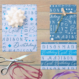 Hoja De Papel De Regalo Chica de cumpleaños Blue Cute Añadir un nombre per