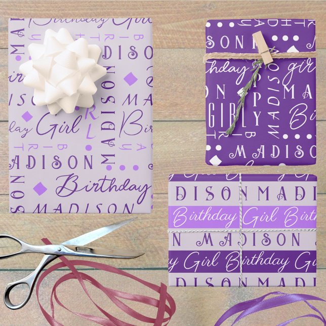 Hoja De Papel De Regalo Chica de cumpleaños Purple Cute Añadir un nombre p (Add a name - or three - to this cute purple Birthday Girl wrapping paper assortment fun for all ages)