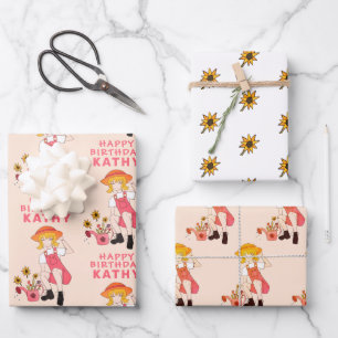 Hoja De Papel De Regalo Chica de jardinería con girasoles feliz cumpleaños