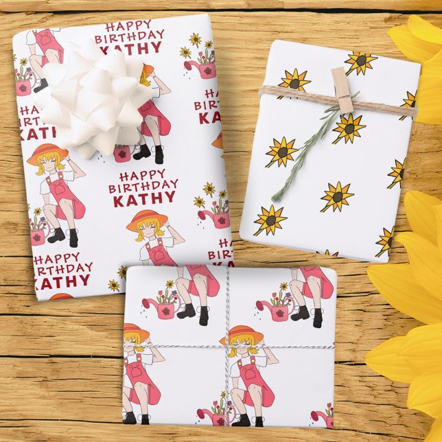Hoja De Papel De Regalo Chica de jardinería con girasoles feliz cumpleaños (Subido por el creador)
