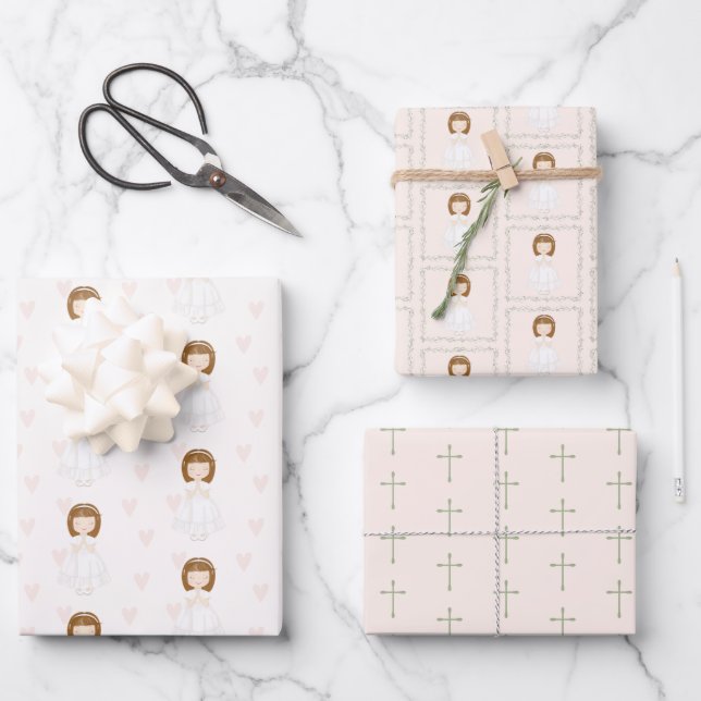 Hoja De Papel De Regalo Chica de la comunión rezando (Anverso)