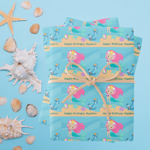 Hoja De Papel De Regalo Chica de la Sirena de bonito Cumpleaños Personaliz