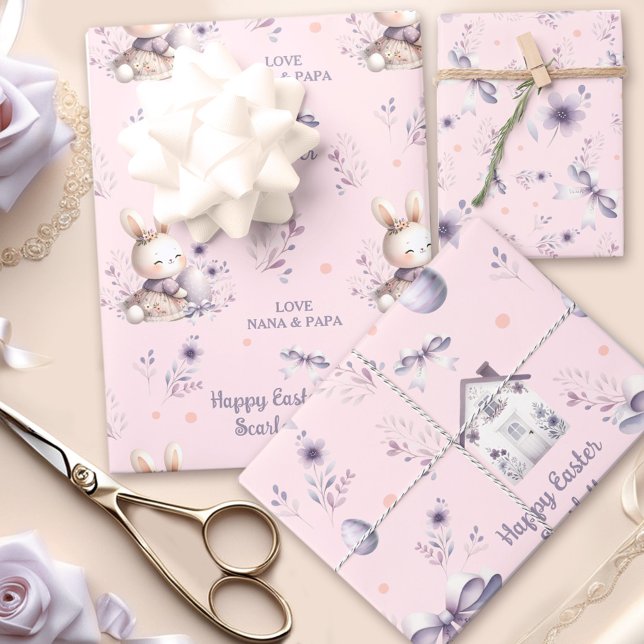 Hoja De Papel De Regalo Chica de Pascua Bunny Nombre Personalizado Pink Pu (Easter Girl Bunny Personalized Name Pink Purple Wrapping Paper Sheets)
