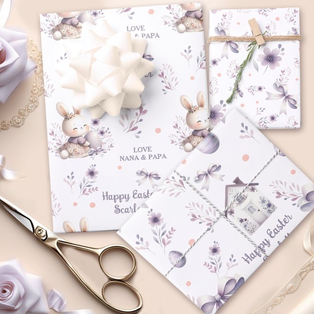 Hoja De Papel De Regalo Chica de Pascua Bunny Nombre Personalizado Púrpura (Easter Girl Bunny Personalized Name Purple Wrapping Paper Sheets)