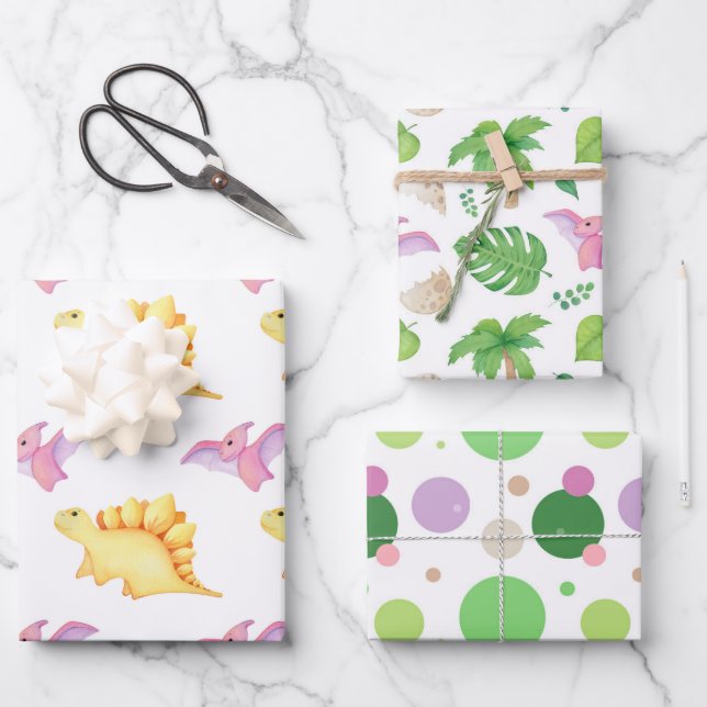 Hoja De Papel De Regalo Chica divertido Fiesta dinosaurios hace cola de ni (Anverso)