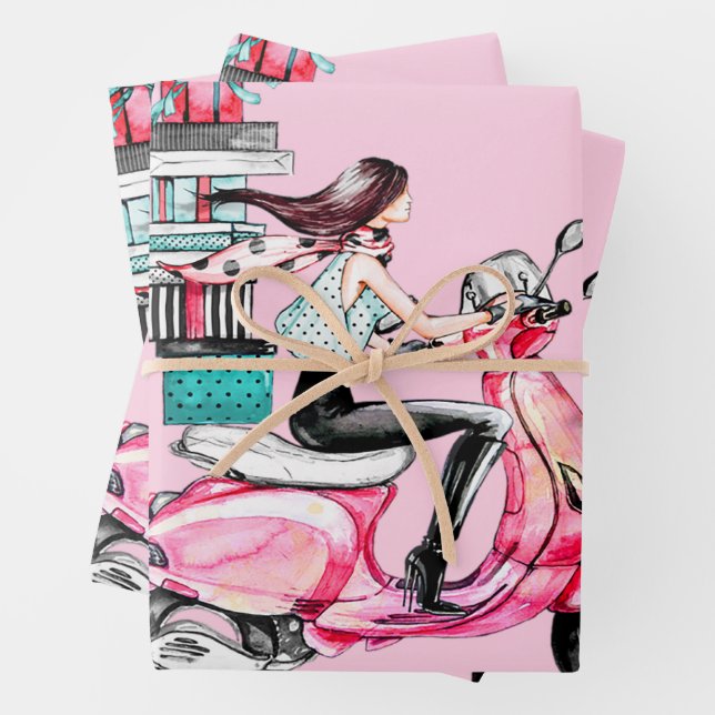 Hoja De Papel De Regalo Chica en Scooter llevando presencias (In situ)