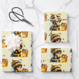 Hoja De Papel De Regalo Chica lindo en traje de abeja con patrón de miel