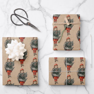 Hoja De Papel De Regalo Chica navideño vintage y Holly Berries Kraft