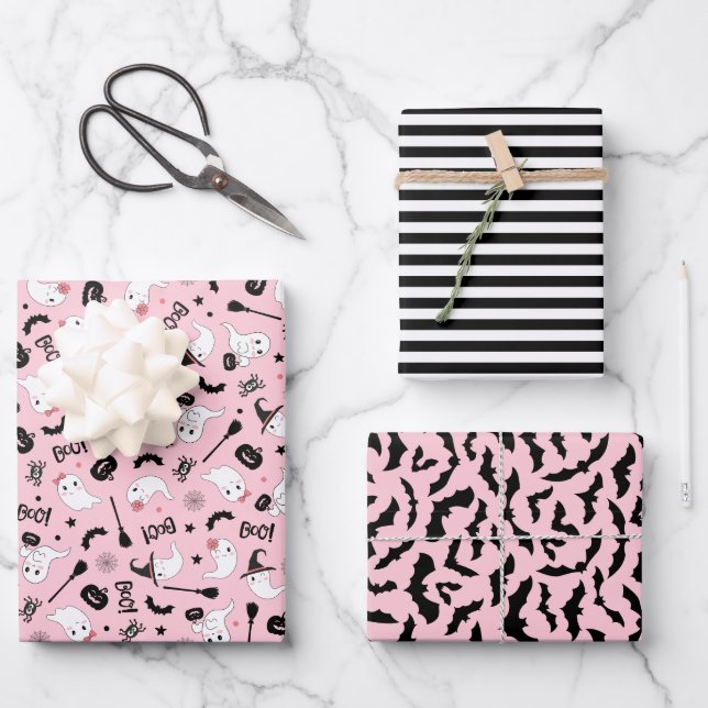 Hoja De Papel De Regalo Chica rosa de Halloween, un fantasma adorable (Anverso)