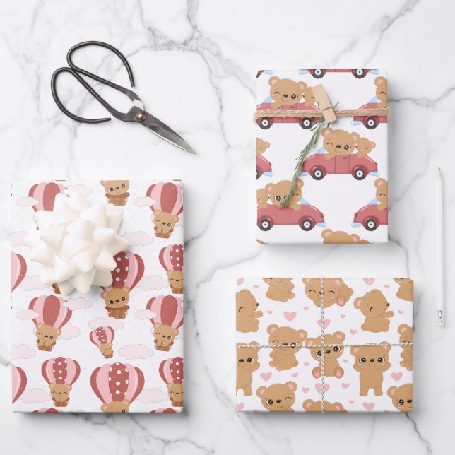 Hoja De Papel De Regalo Chica rosado y marrón de oseo de peluche (Anverso)