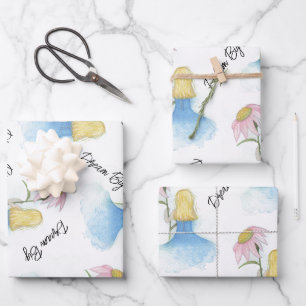 Hoja De Papel De Regalo Chica soñadora sostiene flor gigante "Sueño grande
