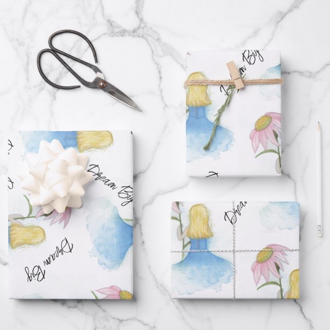 Hoja De Papel De Regalo Chica soñadora sostiene flor gigante "Sueño grande (Anverso)