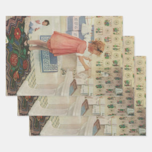 Hoja De Papel De Regalo Chica Vintage, Niño Haciendo La Colada Colgando Ro