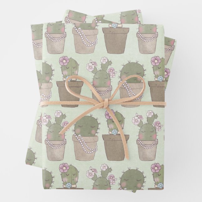 Hoja De Papel De Regalo Chicas Cute Cactus Con Joyería (In situ)