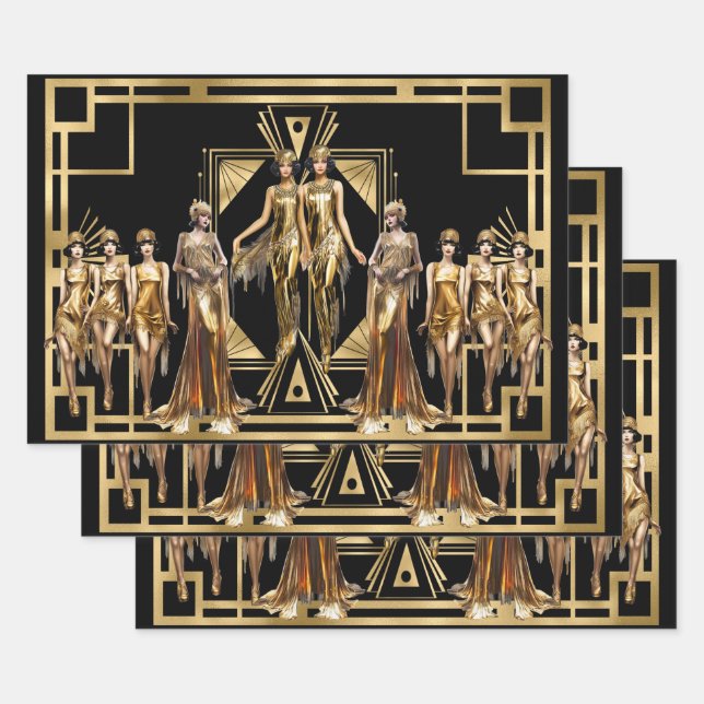 Hoja De Papel De Regalo Chicas Gatsby flapper evento temático de oro negro (Set)
