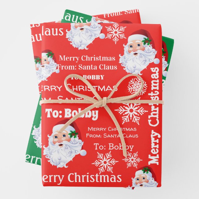 Hoja De Papel De Regalo Child's Name Santa Christmas Red & Green 3 Gift (In situ)