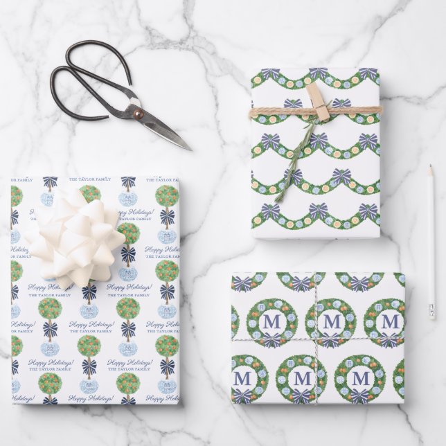Hoja De Papel De Regalo Chinoiserie azul y blanco con cítricos (Anverso)