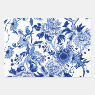 Hoja De Papel De Regalo Chinoiserie Floral Bird Decoración azul y blanca