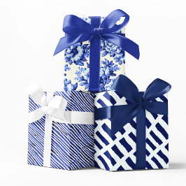 Hoja De Papel De Regalo Chinoiserie Floral blanca azul y rayas
