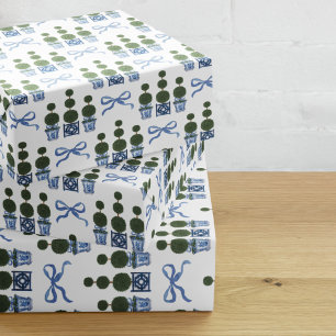 Hoja De Papel De Regalo Chinoiserie Topiary Tree Blue Bow