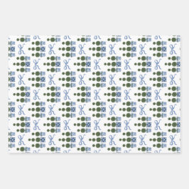 Hoja De Papel De Regalo Chinoiserie Topiary Tree Blue Bow y Gingham