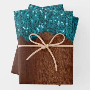 Hoja De Papel De Regalo Chispas azul de Aqua chispas de madera rústica