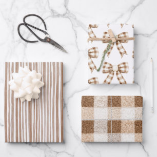 Hoja De Papel De Regalo Chocolate Marrón Rayas Lazos Navidad Crema Acogedo
