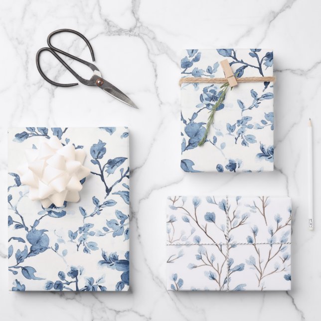 Hoja De Papel De Regalo Chorro Nupcial Floral Blanco Azul (Anverso)