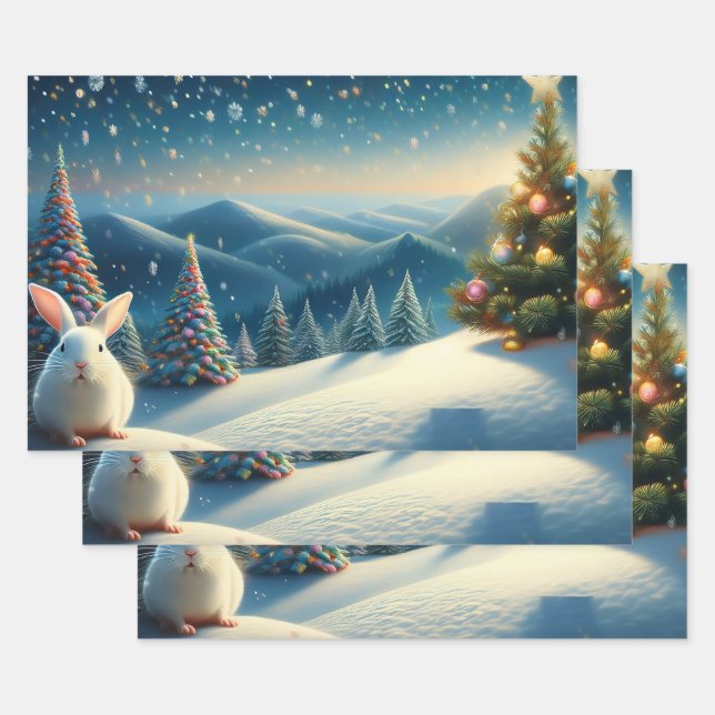 Hoja De Papel De Regalo Christmas Bunny with Decorated Christmas Tree (Set)