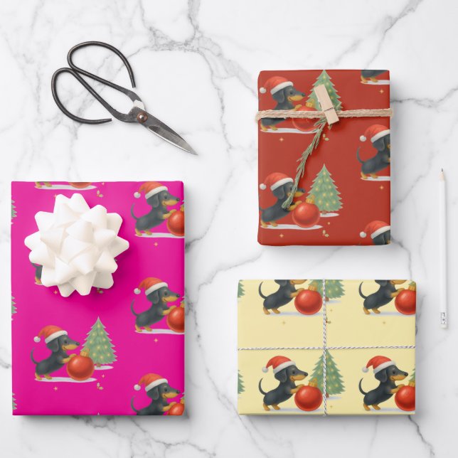 Hoja De Papel De Regalo Christmas Dachshunds Wrapping Paper Set of 3 (Anverso)