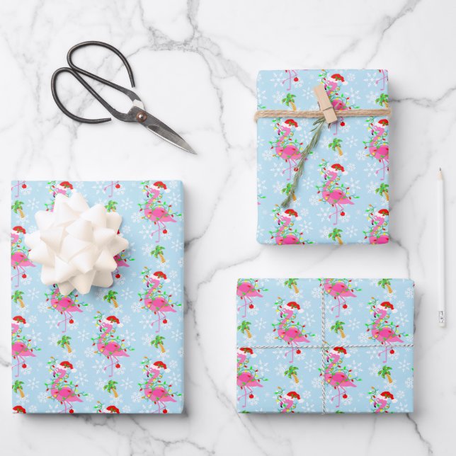 Hoja De Papel De Regalo Christmas Flamingo Pattern Blue (Anverso)