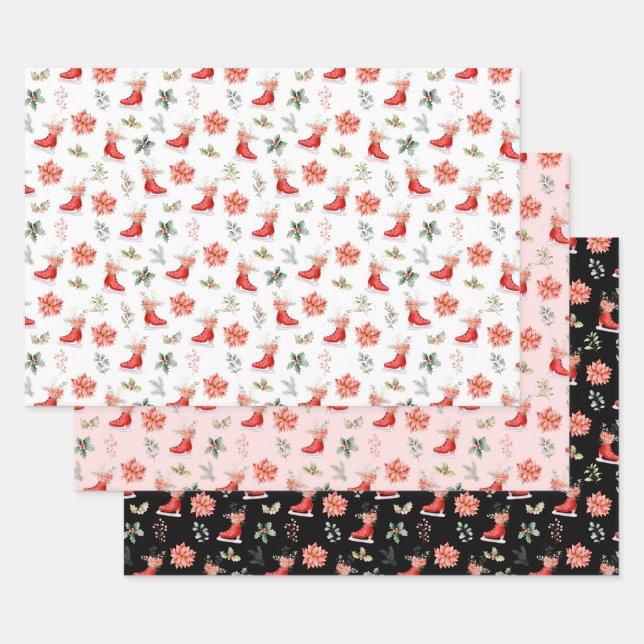 Hoja De Papel De Regalo Christmas Floral Red Ice Skates (Set)
