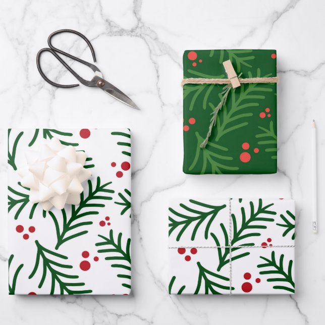 Hoja De Papel De Regalo Christmas Green Berries Modern Wrapping Paper (Anverso)