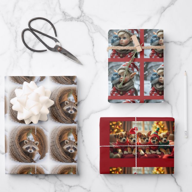 Hoja De Papel De Regalo Christmas puppies, raccoon, Elf (Anverso)