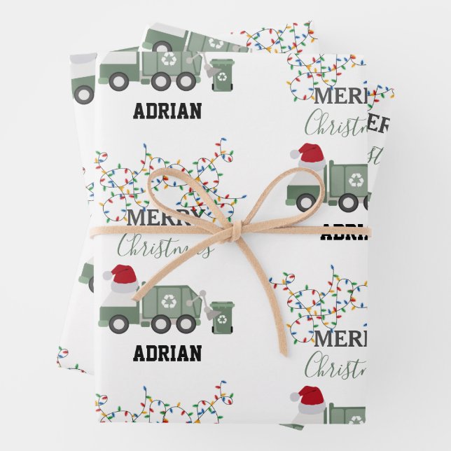 Hoja De Papel De Regalo Christmas Recycling Garbage Truck Custom Name  (In situ)