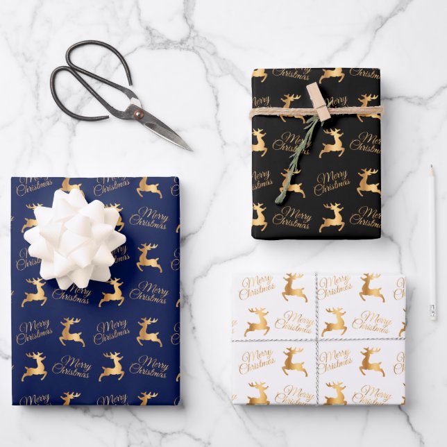 Hoja De Papel De Regalo Christmas Reindeers on Navy Blue, Black and White (Anverso)
