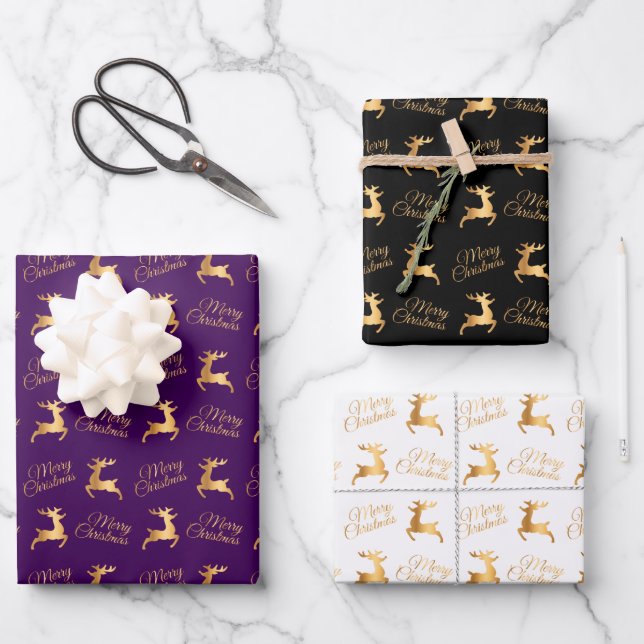 Hoja De Papel De Regalo Christmas Reindeers on Purple, Black and White (Anverso)