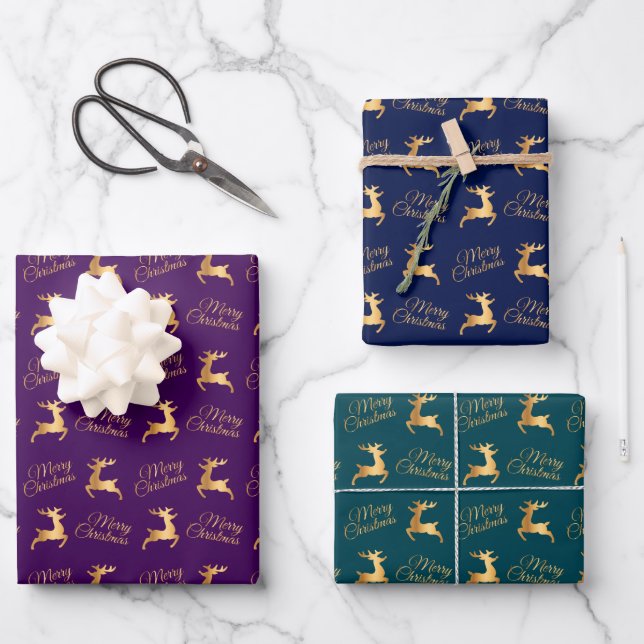 Hoja De Papel De Regalo Christmas Reindeers on Purple, Navy and Teal (Anverso)