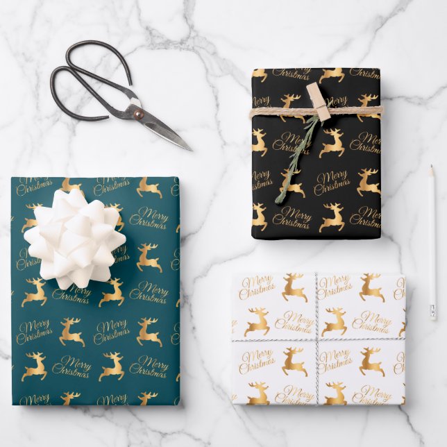 Hoja De Papel De Regalo Christmas Reindeers on Teal, Black and White (Anverso)