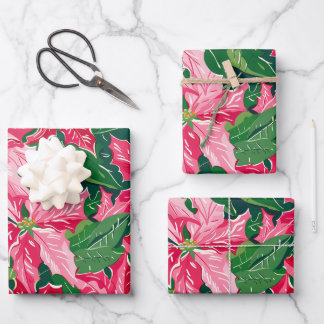 Hoja De Papel De Regalo Christmas Ruby Pink Poinsettia N Leaves Pattern